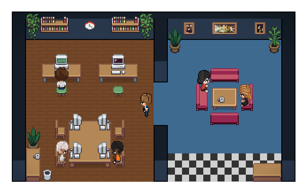 Kantor piksel Pixel Agents: karakter-karakter bekerja di meja dan ruang santai